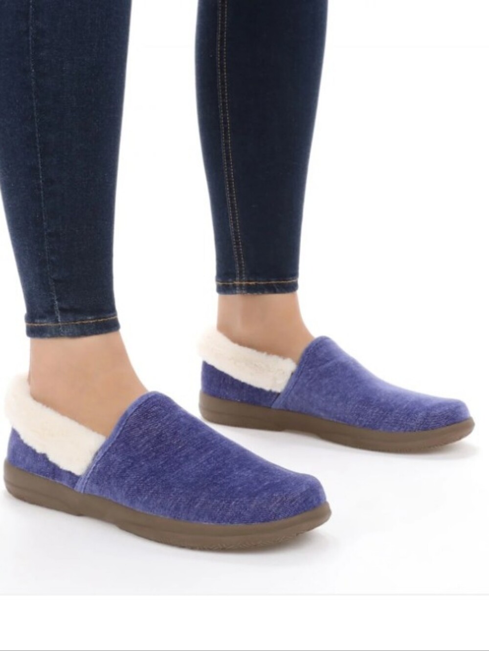 Vionic Clare cozy denin navy blue plush faux fur lined slip on slippers